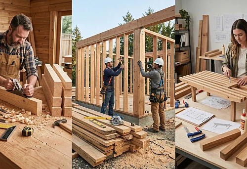 A carpenter planes a wooden block with a plane in a joinery workshop: smooth edges and wood shavings