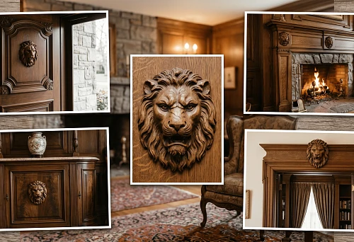 Lion mascaron for furniture, door portal, and fireplace area