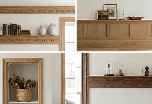 Decorative wooden shelves with moldings and books, ceramics on a light