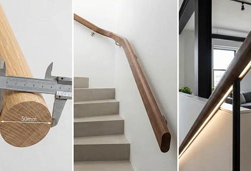 Round wooden handrail 50 mm: diameter measurement with a caliper and precise profile geometry