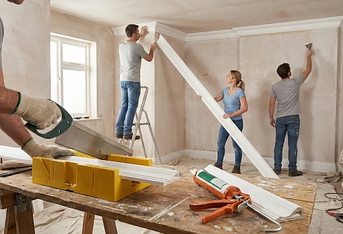 How to glue polyurethane molding: the repair team fits the ceiling cornice and checks the corner alignment in the room