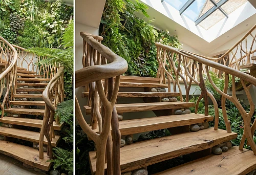 Wooden Staircase with Organic Balusters and a Green Vertical Wall