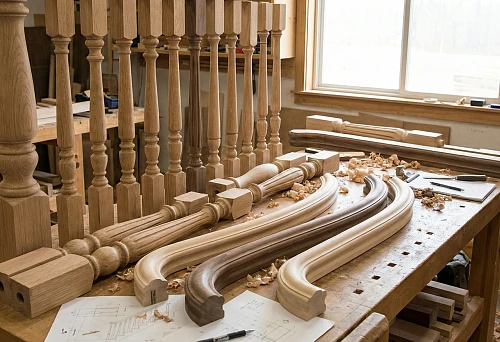 Set of wooden balusters and posts in various shapes, arranged on a carpenter's workbench.