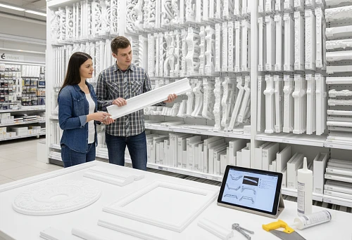 A couple selects decorative polystyrene elements &mdash; cornices, baseboards and moldings in an interior finishing store