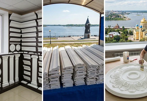 Polyurethane stucco molding showroom: cornices, moldings, and columns on display, market overview of Kazan, Samara, and Nizhny Novgorod