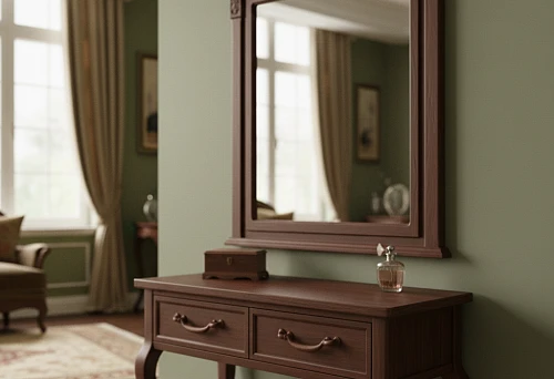Wooden vanity table with wooden handles and mirror in a carved wooden frame &mdash; an example of a harmonious area assembled from ready-made wooden elements in a classic interior