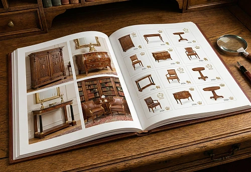 Catalog of classic solid wood furniture 2026: photos of cabinets, dressers, tables and armchairs on a book spread