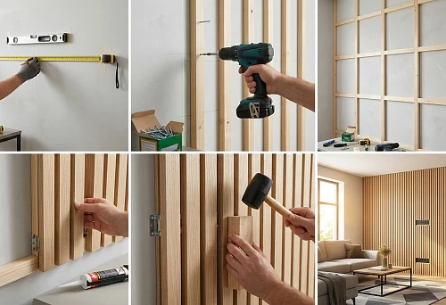 wall marking before installation of slat panels with tape measure and level