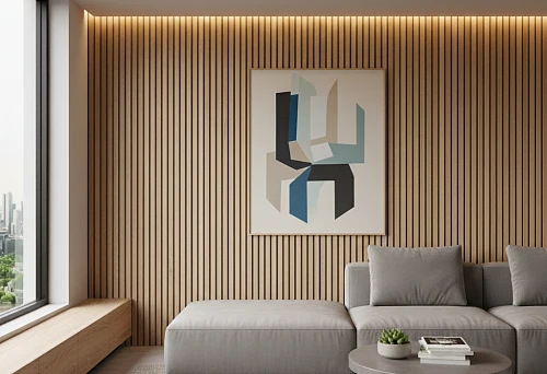 Interior oak slat on the wall in a modern living room