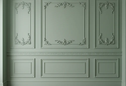 Wall with classic moldings and decorative overlays in a green color scheme