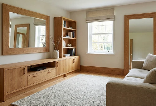 Living Room in a Unified Wood Style: High Baseboards, Mirror Frames, and Case Furniture in the Same Solid Wood Shade Create a Cohesive Interior