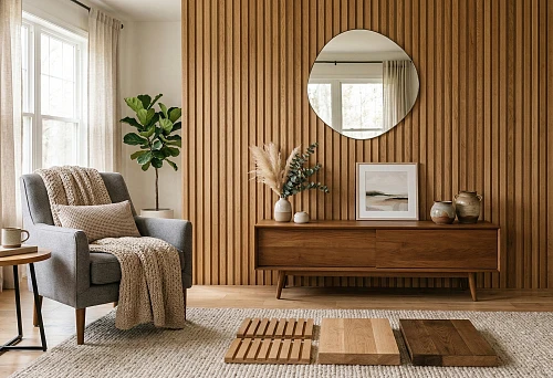 Oak slat panel in a living room interior with vertical wall cladding and wooden furniture