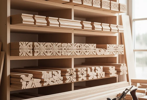 Oak Molding with Carved Pattern on Shelves in the Workshop