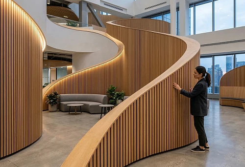 Flexible slat panels in a modern interior with smooth curved partitions and complex-shaped wood trim