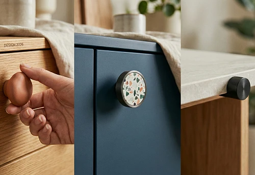 Ergonomic furniture push-button handle of organic shape in warm copper shade on a wooden facade