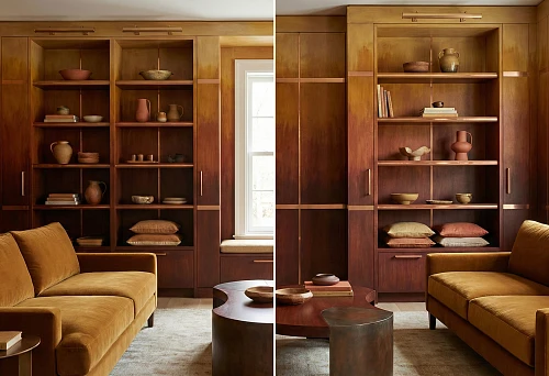 interior with wooden shelving in warm mahogany and ochre shades, with gradient coloring and metallic accents