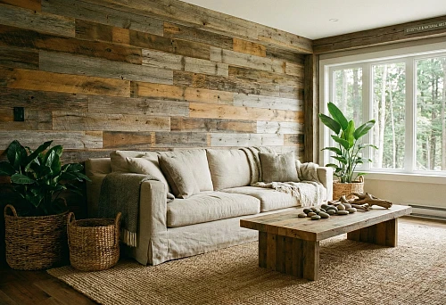 Living room in eco-style with wooden wall finishing made from natural boards