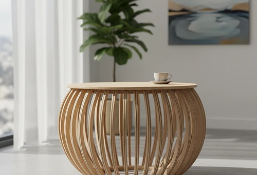 Modern table base in the form of a rounded wooden structure with vertical slats