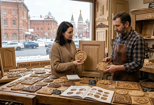 Wooden furniture rosettes in Moscow with samples of carved decor for facades