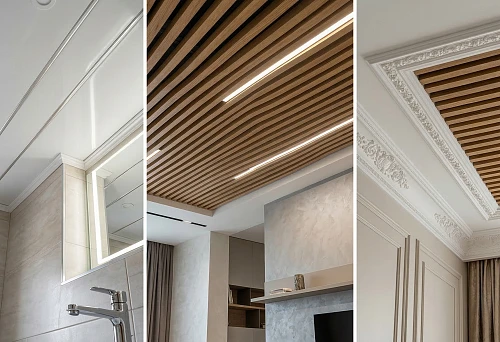 Comparison of ceilings made of plastic panels, slatted ceiling and polyurethane ceiling decor in different interiors