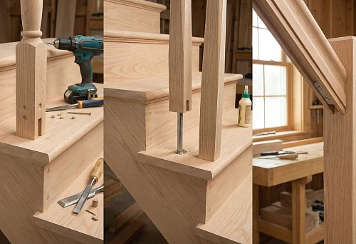 Installing balusters on a threaded rod, visible metal rod in the step hole and post placement