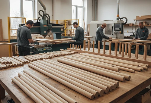 Round beech battens on the workbench of a joinery workshop, blanks of various diameters and lengths
