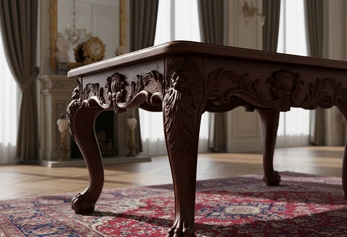 Carved table legs made of solid oak with decorative lion elements