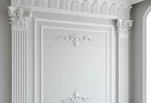 Classical polyurethane molded decor on a wall in a white interior