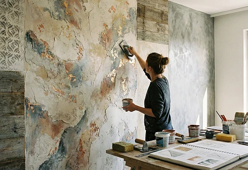 A craftsman applies decorative plaster with artistic texture and metallic accents to the wall