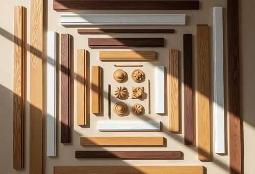 Set of wooden layouts and decorative elements made of oak and beech, neatly arranged by color and profile on a light background