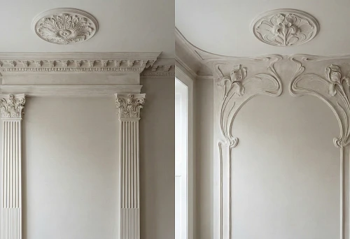 Classical Moldings with Columns, Capitals, and Symmetrical Cornices in the Interior
