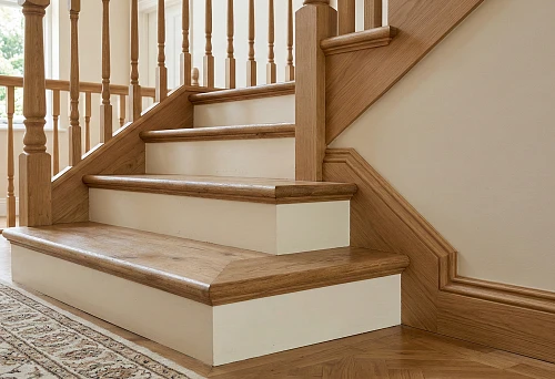 Wooden baseboard for stairs along the stringer: neat junction with wall and floor