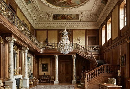 Classic Hall with Decorative Balusters and Marble Columns