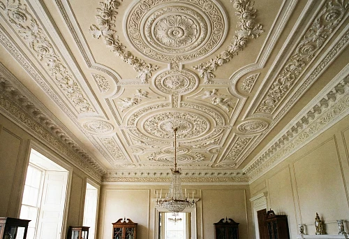 Beautiful polyurethane stucco ceiling: coffered composition, rosettes and ornamental friezes