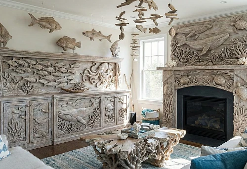 Interior decor sea fish: living room with carved wooden fireplace portal and underwater world panel, fish, whale and corals in marine theme