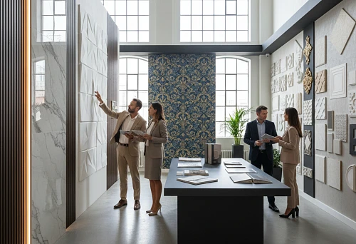 Visitors view 3D panels and marble slabs in a decorative finishes showroom.