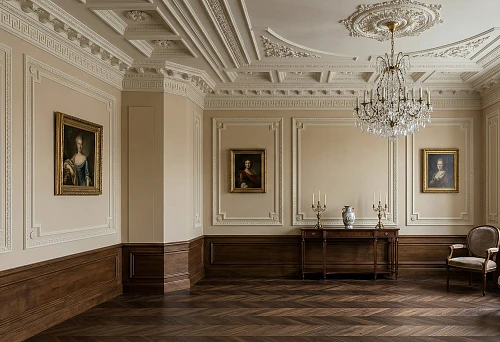 Wide wooden baseboard and plaster molding in neoclassicism: unified wall and ceiling finishing