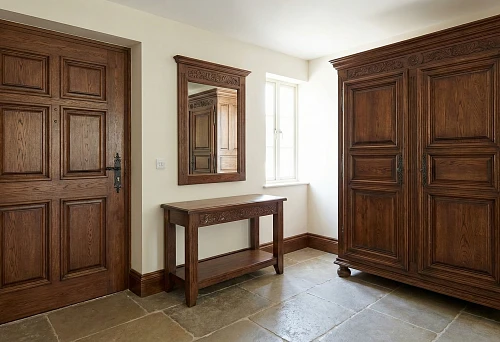Solid wood door decor: paneled front door and wooden cabinet in a single tone