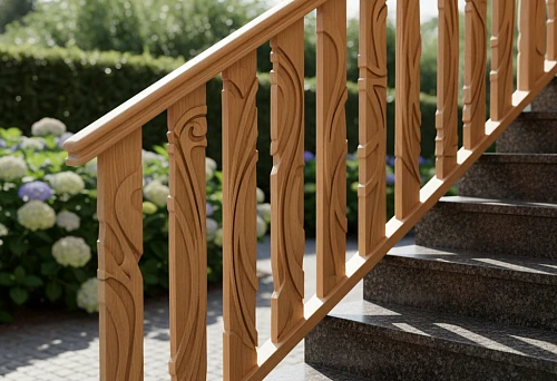 Flat wooden balusters with carved ornament along a stone outdoor staircase in a sunny garden