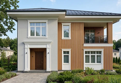 Private house with a slat panel on the facade and polyurethane facade decor in a modern architectural presentation