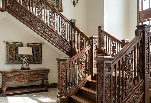 Carved wooden interior staircase with massive railings, balusters, and ornamental panels in a classic home