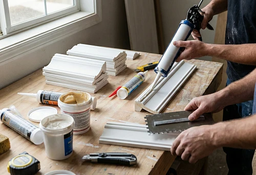 How to glue polyurethane stucco: applying mounting adhesive with a gun to the back side of the molding before installation