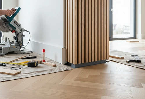 Installation of Baseboards, Slats, and Profiles with Precise Floor and Wall Geometry in Modern Interiors.