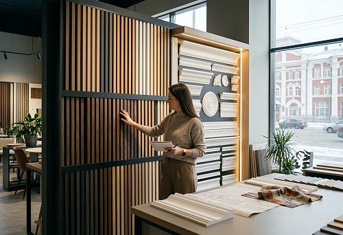 Buy slat panels in Novosibirsk and stucco decor in a modern interior showroom with material samples
