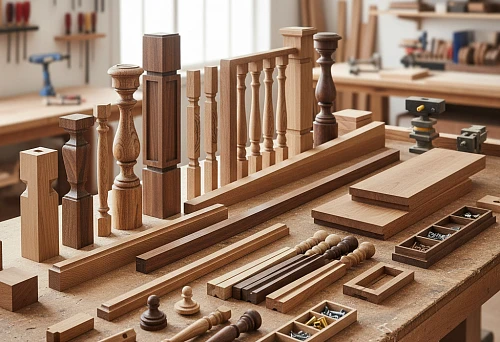 Set of Wooden Staircase Components &mdash; Balusters, Posts, Handrails, and Fasteners on a Joinery Workbench