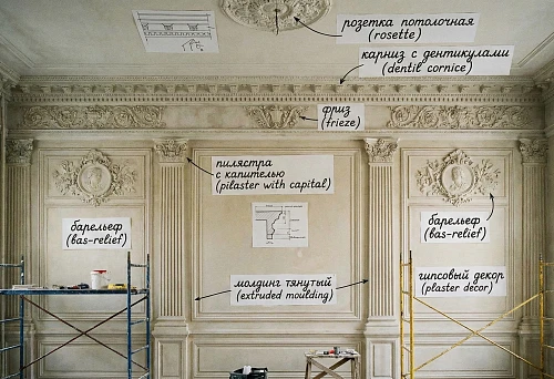Stucco Decor in Interior Design: Ceiling Rosette, Cornice with Dentils, Frieze, and Wall Bas-Reliefs.