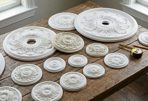 Round polyurethane molding: a set of ceiling rosettes and medallions of different sizes on a table