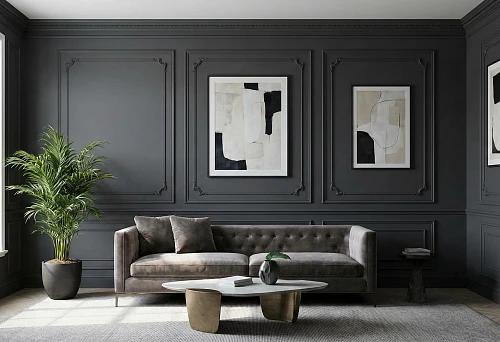 Living Room Interior with Wall Finishing Using Moldings and Gray Furniture
