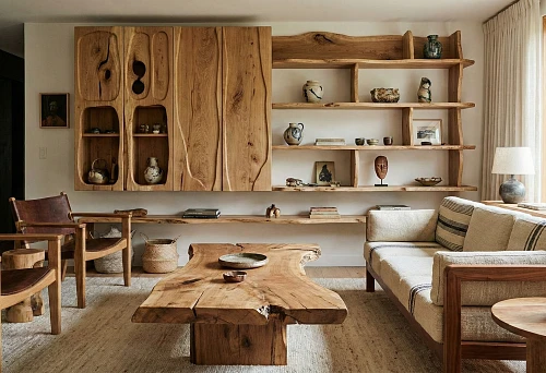 Personalized living room interior for 2026 with furniture and shelving made from natural wood, a table with a slab top