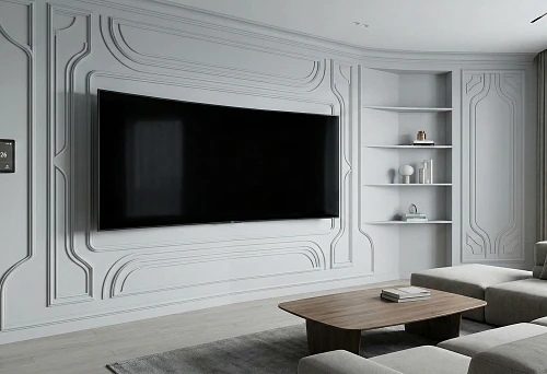 Modern living room 2026 with decorative polyurethane panels around a large TV area.